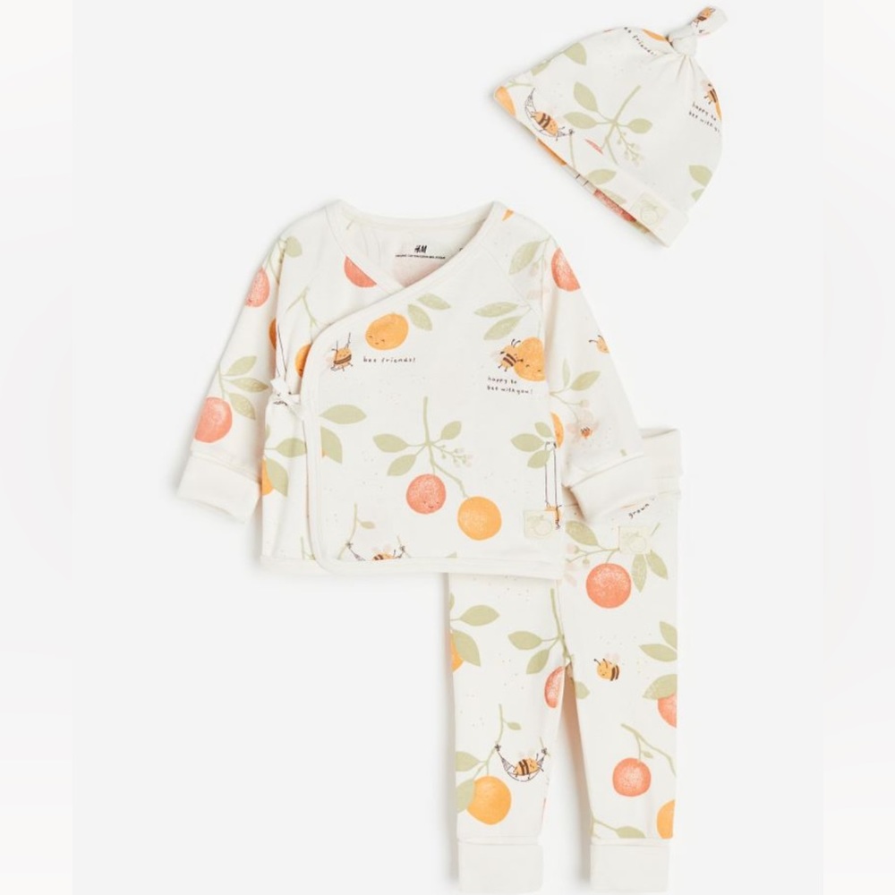 H&M Baby Organic Cotton 3 Piece Fruit & Bumble Bee Print Set